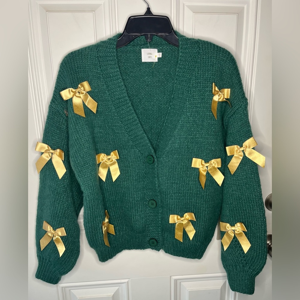 Anthropologie LUNA Ivy NEW forest green oversized cardigan gold bow small